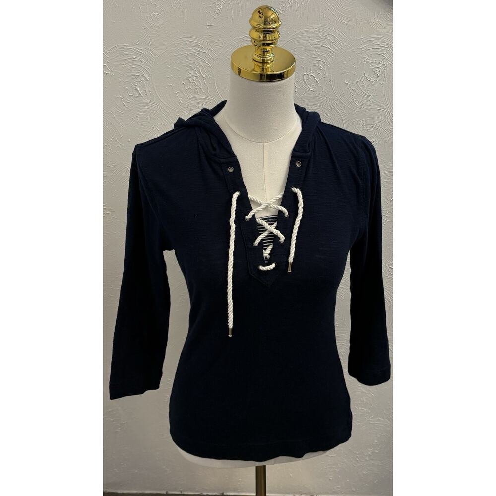 Lauren Ralph Lauren Navy Blue 3/4 Sleeve Hooded Nautical Lace-up Top Size XS